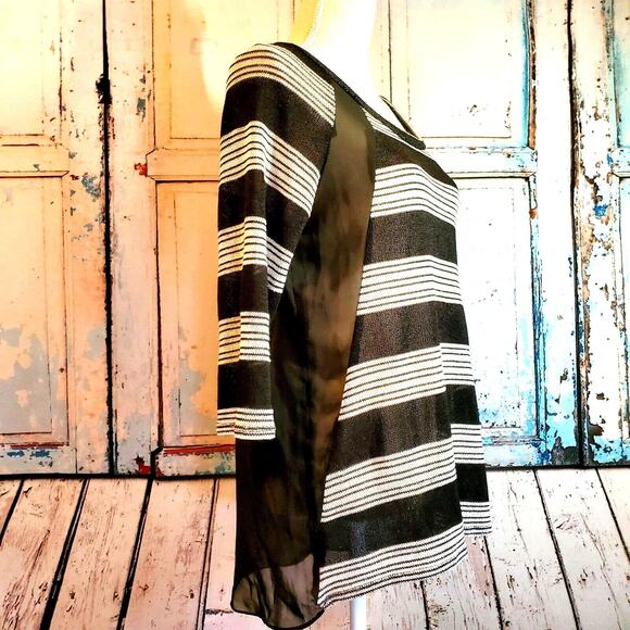 AB Studio Knit Top Size M Black & White Stripes Sheer Back & Details Boho - Picture 5 of 10